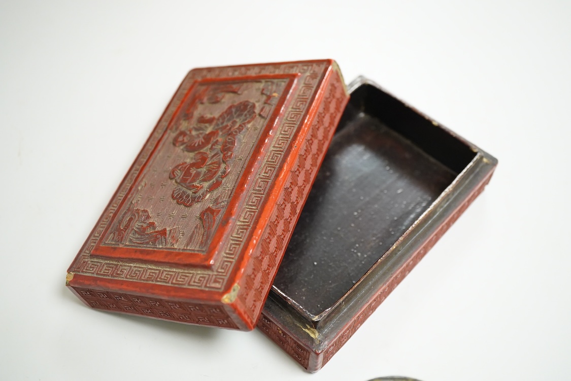 Two Chinese cinnabar lacquer boxes and a Chinese archaistic miniature bronze tripod censer, rectangular lacquer box 11.5cm high x 7.5cm deep